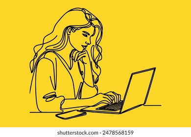 one line a weman using a laptop vector art