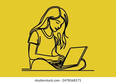 one line a weman using a laptop vector art