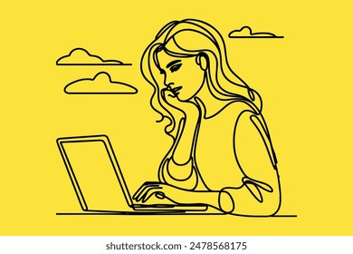 one line a weman using a laptop vector art