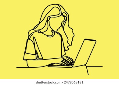 one line a weman using a laptop vector art