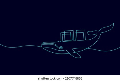 One line whale and container computer docker developer app concept. Sketch drawing open source program. Data coding vector line illustration