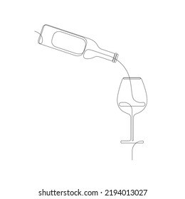 Un dibujo continuo de una botella de vino vertiendo vino en un vaso. Ilustración vectorial de un contorno de vidrio de vino.