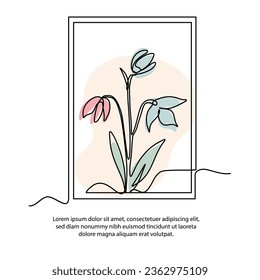 One line withered flower poster drawing with a beautiful frame. Abstract minimal continuous line wall decor.