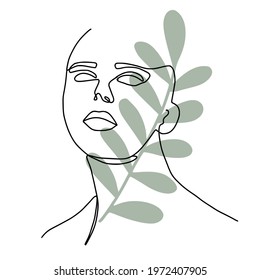 One line woman with botanical details fashion portrait. Minimal design, freehand composition, modern abstract style. Beauty fashion female portrait with lily flowers details. Design for print, card.