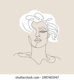 One line woman face in a modern minimalist style. Vector Illustration for posters, t-shirts prints