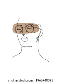 One line woman and glasses fashion portrait. Minimal design, freehand composition, modern abstract style. Beauty fashion female portrait with lily flowers details. Trendy design.