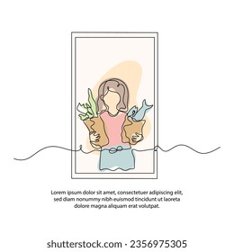 One line woman holding groceries poster drawing with frame. Abstract minimal continuous line wall decor.