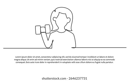 One line woman lifting barbell weights. Abstract minimal continuous line.