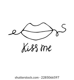 One line Woman Lips isolated on white background with inscription Kiss me. Passionate line art kisser. Simple black contour love symbol. Flyer or invitation card for a Valentine's day party.