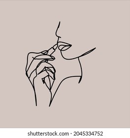 One line woman with lipstick portrait, creative freehand composition in contemporary abstract style. Beauty fashion female young figure, design for print, card, poster