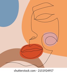 One line woman portrait  in contemporary abstract style with colorful shapes. Vector hand drawn