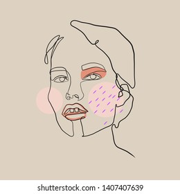 One line woman portrait, creative freehand composition in contemporary abstract style with colorful geometric elements. Beauty fashion female young figure. Tempura design for print, card, poster 