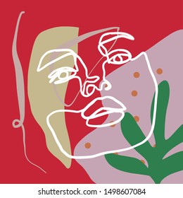 One line woman portrait, creative freehand composition in contemporary abstract style with colorful geometric elements. Beauty fashion female young figure. Tempura design for print, card, poster