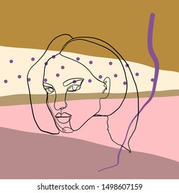 One line woman portrait, creative freehand composition in contemporary abstract style with colorful geometric elements. Beauty fashion female young figure. Tempura design for print, card, poster