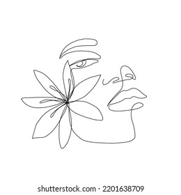 One line woman portrait with flower. Hand drawn art. Continuous line drawing. Simple style. Minimalism decor. 