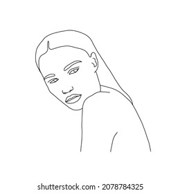 One line woman portrait. Hand drawn abstract face.  Minimal art. Trendy style. 