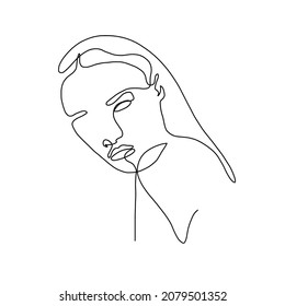 One line woman portrait. Hand drawn abstract face.  Minimal art. Trendy style. 