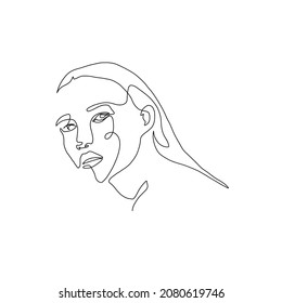 One line woman portrait. Hand drawn abstract face.  Minimal art. Trendy style. 