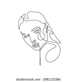 One line woman portrait. Hand drawn abstract face.  Minimal art. Trendy style. 