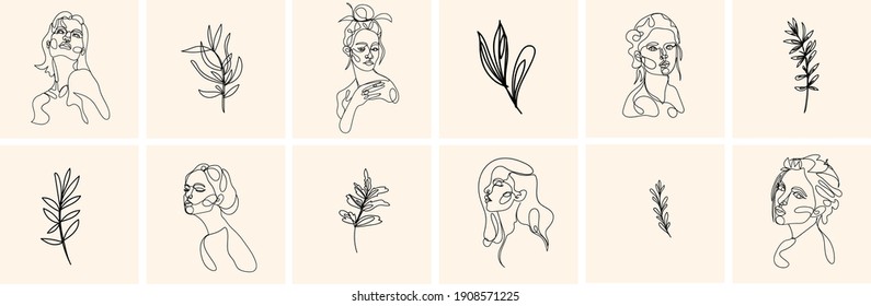 One line woman portrait and leaves in contemporary abstract style. Vector hand drawn illustration.