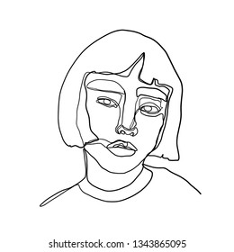 One line woman portrait. Minimalist drawing female silhouette of face. Abstract linear face. Design linear logo in minimal style for beauty salon, beautician, makeup artist, stylist. 