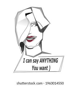 One line woman portrait, styled as comics, with dialog bubble.