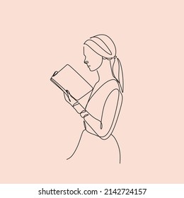 One line woman reading a book. Line Art Girl read book. Creative simple elegant minimalist illustration.  Vector illustration isolated on background.