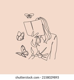 One line woman reading a book. Line Art Girl read book. Creative simple elegant minimalist illustration.  Vector illustration isolated on background.