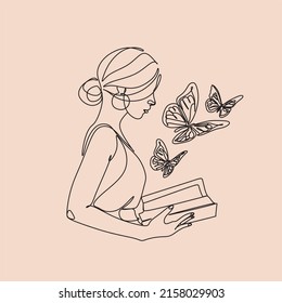 One line woman reading a book. Line Art Girl read book. Creative simple elegant minimalist illustration.  Vector illustration isolated on background.