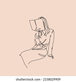 One line woman reading a book. Line Art Girl read book. Creative simple elegant minimalist illustration.  Vector illustration isolated on background.