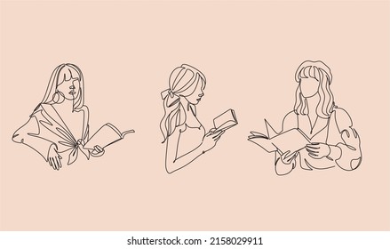 One line woman reading a book. Line Art Girl read book. Creative simple elegant minimalist illustration.  Vector illustration isolated on background.