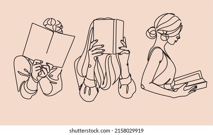 One line woman reading a book. Line Art Girl read book. Creative simple elegant minimalist illustration.  Vector illustration isolated on background.