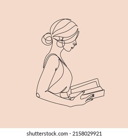 One line woman reading a book. Line Art Girl read book. Creative simple elegant minimalist illustration.  Vector illustration isolated on background.