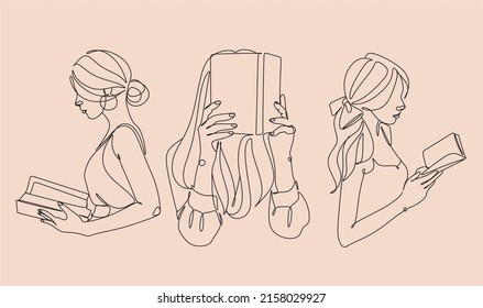 One line woman reading a book. Line Art Girl read book. Creative simple elegant minimalist illustration.  Vector illustration isolated on background.