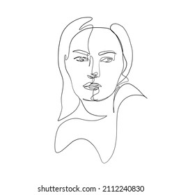 One line woman silhouette. Hand drawn abstract face.  Portrait in simple style. Minimal art. 
