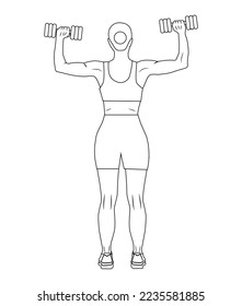 One line woman standing with dumbbell working out. Sketching of power athletic female fitness trainer. Woman doing dumbbell workout outline icon. Fitness woman with dumbbell silhouette