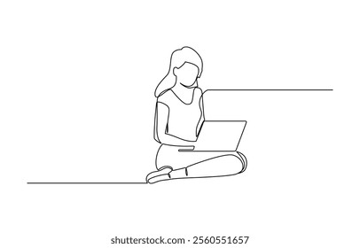 One line woman writing and study with help laptop.Continuous one line drawing of a woman, continuous line vector illustration of woman in front of laptop.