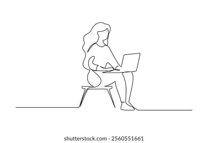 One line woman writing and study with help laptop.Continuous one line drawing of a woman, continuous line vector illustration of woman in front of laptop.