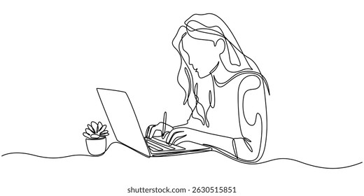 Uma mulher de linha escrevendo e estudando com ajuda laptop. Conceito de e-learning, mulher jovem usando computador laptop desenho de linha contínua vetor ilustração, Um desenho de linha contínua em um branco isolado.