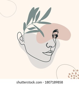 One Line Woman's Face. Continuous line Female Portrait in Profile With Geometric Shapes and Floral Elements In a Modern Minimalist Style. Vector Illustration For wall art, printing on t-shirts, covers