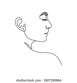 One line woman's face. A continuous line of female portrait in profile in a modern minimalist style. Vector illustration for wall art, t-shirt prints, logos, avatars, etc.
