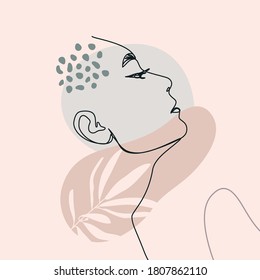 One Line Woman's Face. Continuous line Female Portrait in Profile With Geometric Shapes and Floral Elements In a Modern Minimalist Style. Vector Illustration For poster, card, print on t-shirts, logos