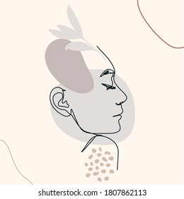 One Line Woman's Face. Continuous line Female Portrait in Profile With Geometric Shapes and Floral Elements In a Modern Minimalist Style. Vector Illustration For wall art, t-shirts print, logos