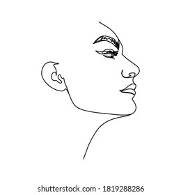 One line woman's face. A continuous line of female portrait in profile in a modern minimalist style. Vector illustration for wall art, t-shirt prints, logos, avatars, covers, tattoo