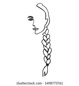One Line Woman's Face and hair Braid. Continuous line Portrait of a girl In a Minimalist Style. Vector Illustration female. For printing on t-shirt, Web Design, beauty Salons, Posters and other things