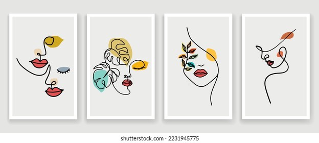 La cara de una mujer de línea. Retrato femenino de línea continua en perfil con formas geométricas y elementos florales en un estilo minimalista moderno. Ilustración vectorial para afiches, estampados de camisetas, avatares