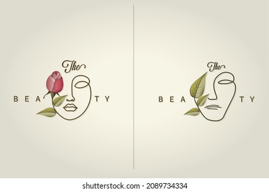 Una línea de caras de mujer y hombre. Retrato femenino de línea continua en perfil con elementos florales en un estilo minimalista moderno. Ilustración vectorial 