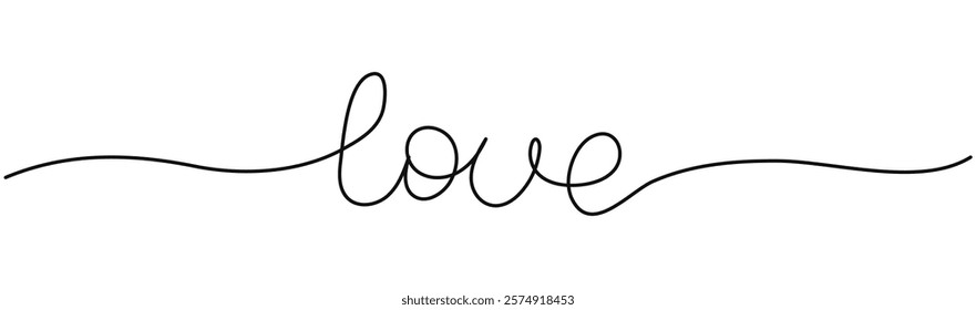 One line word Love. Calligraphy hand drawn lettering. Free handwriting wavy black letters. Valentines concept. Editable stroke.