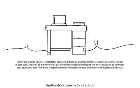 Uma linha de mesa de trabalho e prateleiras de gaveta. Linha contínua mínima abstrata.
