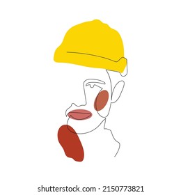 One line worker man portrait, Abstract poster with minimal engineer face. One line drawing style foreman in hardhat